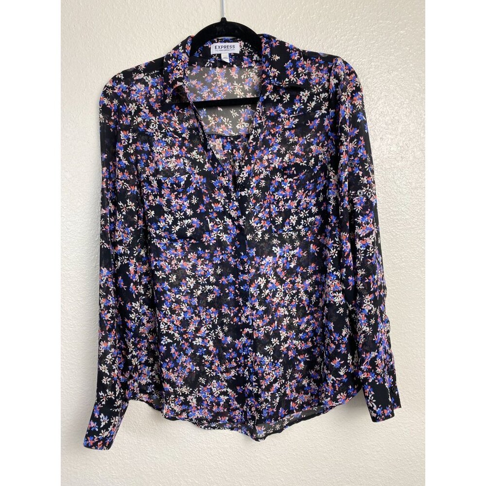 Express‎ Portofino Floral Print Sheer Button Up Shirt Womens Small Office Career